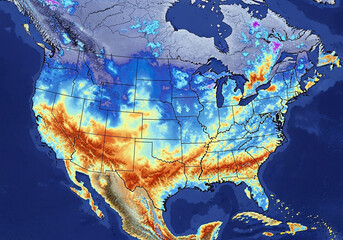 North America Temperature Map: Vivid Colors Depicting Climate Zones and State Boundaries.
