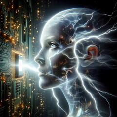Artificial intelligence being powered by electricity flowing through circuit board.AI generated