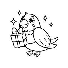 A cute cartoon parrot holding a gift box with a bow, surrounded by shining stars. Black and white outline illustration.
