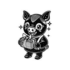 A cartoon piglet stands holding a wrapped gift tied with a bow, surrounded by sparkling stars, in a black and white illustration.