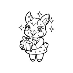 A cute cartoon pig with big eyes holds a wrapped gift with a bow, surrounded by sparkling stars.