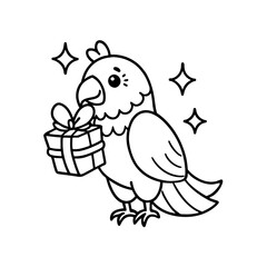 A cartoon parrot holds a wrapped gift box with a bow, surrounded by sparkling stars in a simple black and white line drawing.