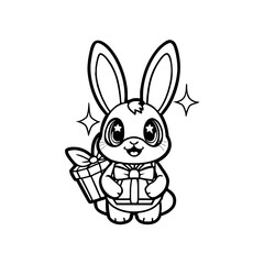 Cartoon rabbit holding a gift box with a bow, outlined in black and white, with sparkling stars around it.