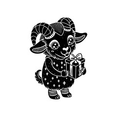 Obraz premium A cute cartoon goat stands holding a wrapped gift with a bow, depicted in a black and white vector illustration.