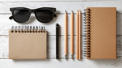 Black sunglasses and writing tools on a wooden surface notebooks pencils