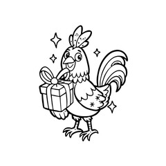 Cartoon rooster holding a gift box tied with a ribbon, surrounded by sparkles, in a black and white illustration.