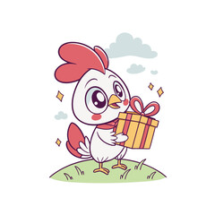 Cartoon chicken holding a wrapped gift box with a bow, standing on a grassy hill with a cloud background and sparkling accents.
