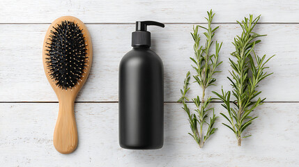 Black pump bottle with wooden hairbrush and green rosemary sprigs black bottle pump dispenser