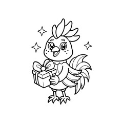A cartoon rooster holds a wrapped gift box with a bow, surrounded by sparkling stars, in a black and white line art illustration.