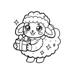 A cute cartoon sheep with large eyes holding a wrapped gift box with a bow, outlined in black and white.