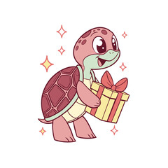 A cute cartoon turtle with a pink shell is holding a yellow gift box tied with a red bow, surrounded by sparkles.