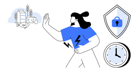 Person stopping consumption of dairy and fish products, holding stomach indicating pain or discomfort. Shield with lock, clock nearby. Ideal for self-care, health, time management, diet control