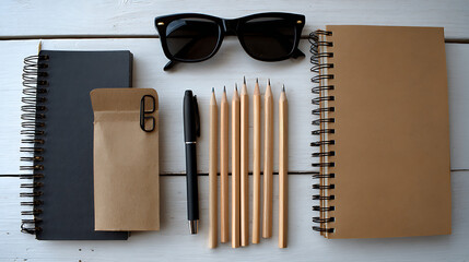Black sunglasses pen dark grey notebook brown paper envelope and pencils on white wooden surface image