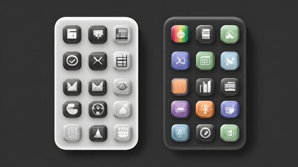 Monochrome icons vs multicolor icons, two-panel style, modern technology interface