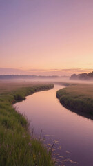 Calm river weaving through misty meadow at sunrise, peach and lilac color tones