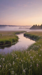 Calm river weaving through misty meadow at sunrise, peach and lilac color tones