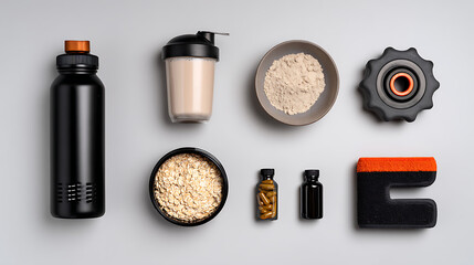 Black water bottle protein powder shaker oats capsules grip accessory orange accents image
