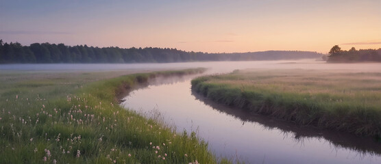 Calm river weaving through misty meadow at sunrise, peach and lilac color tones