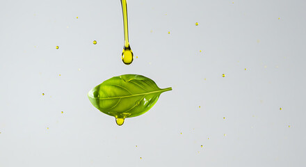 Fresh basil leaf glistening with olive oil droplets ready for delicious gourmet cooking recipe use