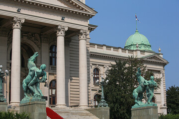 Sculpture horse and man. Sculpture in front building National Assembly Republic of Serbia in Belgrade