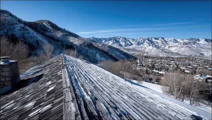 Snowy mountain vista from a weathered roof.