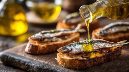 Olive oil being poured onto sardines on toast arranged on a wooden board