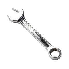 Shiny metal combination wrench tool with open end and box end isolated on transparent background
