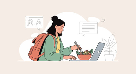 Student Eating Healthy Salad And Studying Online Illustration Flat Design
