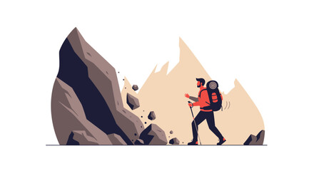 Fototapeta premium Hiker Navigating Rocky Mountain Terrain Amidst Potential Landslide Danger