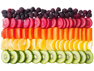 Top-down photo of a colorful rainbow arrangement of sliced fruits and vegetables in a horizontal layout each section grouped by color gradient from red to violet, on a white background 