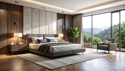 Fototapeta premium Modern bedroom with mountain view (4)