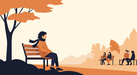 Vector illustration of people in a park during autumn with soft natural colors and tranquil atmosphere