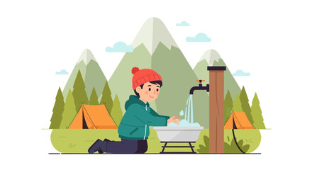 Obraz premium Hygienic Practices At Campsite With Washing Hands, Mountain Landscape