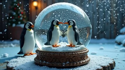 Penguins in a snow globe with christmas tree and snow covered ground in a festive winter scene - Powered by Adobe