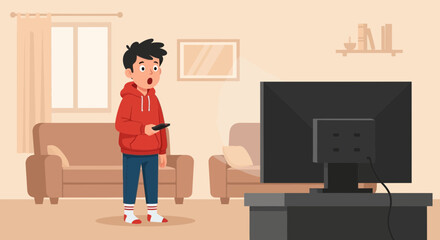 Surprised boy watching television in living room, holding remote control expressing shock or surprise at what is shown on the screen