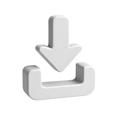 Modern 3d white download icon with arrow pointing into a box on transparent background 