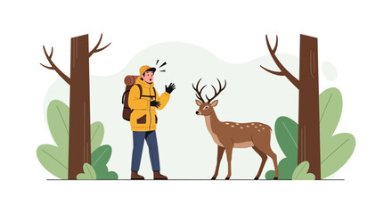 Fototapeta premium Surprised hiker encountering a deer in the forest with trees and greenery adding to the scenic encounter illustration