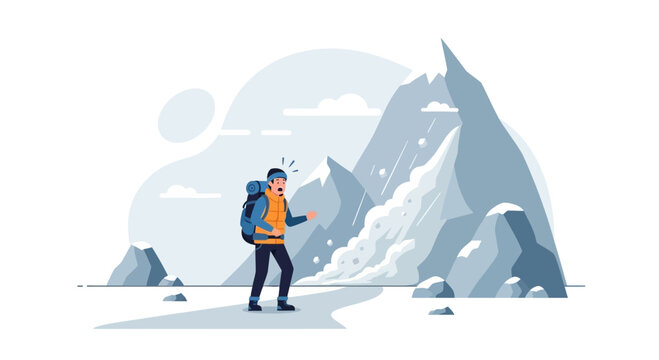 Surprised hiker facing sudden avalanche danger in the mountains landscape adventure risk concept illustration and dangerous terrain