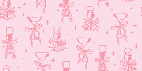 Seamless pattern with wine glasses and festive bows in pink hand drawn style
