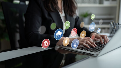 Set of business and digital service icons representing finance, cloud, analytics, email,...