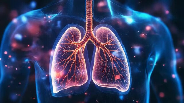 Human lungs breathing showing bronchi and alveoli inside chest cavity