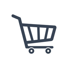 Vector icon of simple dark blue shopping cart icon isolated on white background, representing online shopping and retail
