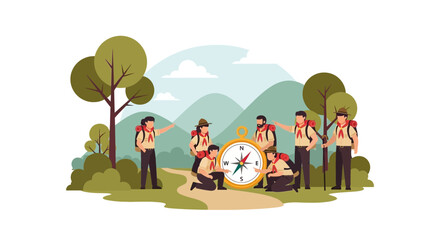 Naklejka premium Teamwork And Exploration: A Group Of Scouts Navigating With A Large Compass