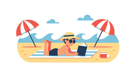 Illustration of a boy reading a book under the sun near the beach with two beach umbrellas enjoying summer vacation