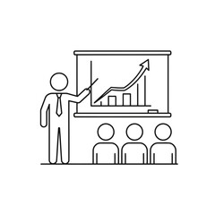 Vector icon of business presentation with growth chart and audience, isolated on white background