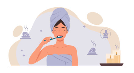 Woman Brushing Teeth In Bathroom Promoting Self Care And Wellness Routine