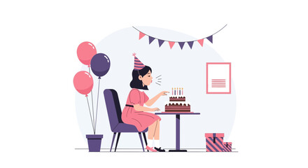 Woman Celebrating Birthday Blowing Out Candles At Her Party In Isolation