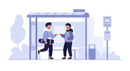 Obraz premium Teenagers meeting at a bus stop, one carrying a skateboard, friendship vector illustration, urban scene, stylish