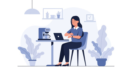 Woman Checking Time While Working At Home With Coffee And Plants