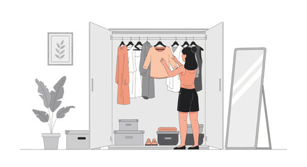Woman Choosing Outfit From Wardrobe For Daily Look Planning Preparation
